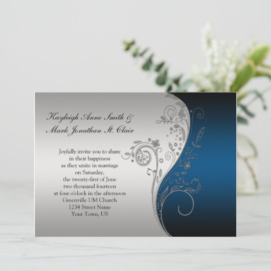  Blue Black en Silver Wedding Invitation Kaart (Staand voorkant)