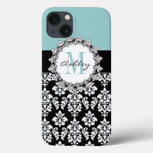 Blue Black Fleur de Lis Damask Monogram iPhone 13 Hoesje