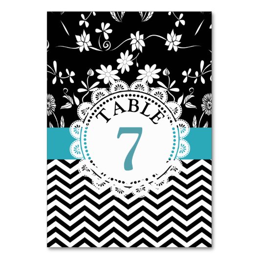 Blue Black Floral Wedal Table Number Card Kaart (Voorkant)