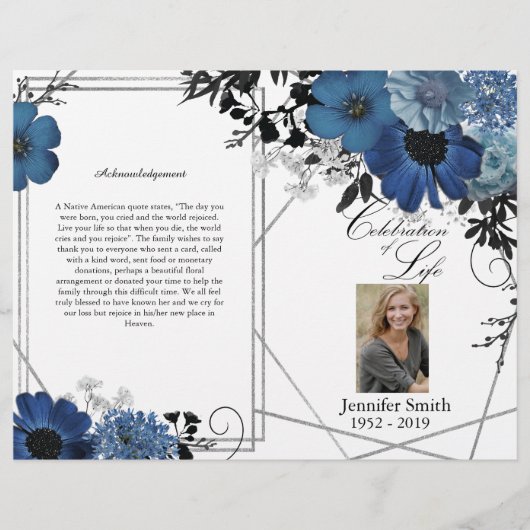 Blue Black Geometric Floral Funeral Program Flyer (Voorkant)