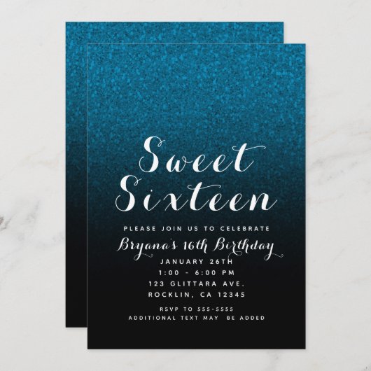 Blue & Black Glitter Sparkle Glam Sweet 16 Party Kaart (Voorkant / Achterkant)