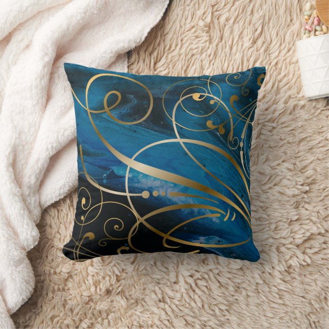Blue Black Gold Swirls Flourish Kussen (Deken)