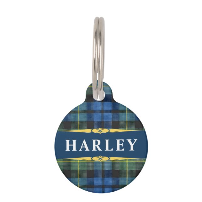 Blue Black Gold Tartan Plaid Personalized Huisdierpenning (Voorkant)