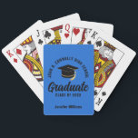 Blue Black Graduate Custom Graduation Pokerkaarten<br><div class="desc">This modern blue and black custom senior graduate playing cards deck features classy typography of your high school or college name for the class of 2026. Customize with your graduating year under the chic handwritten script and grad cap for a great personalized graduation party favor.</div>