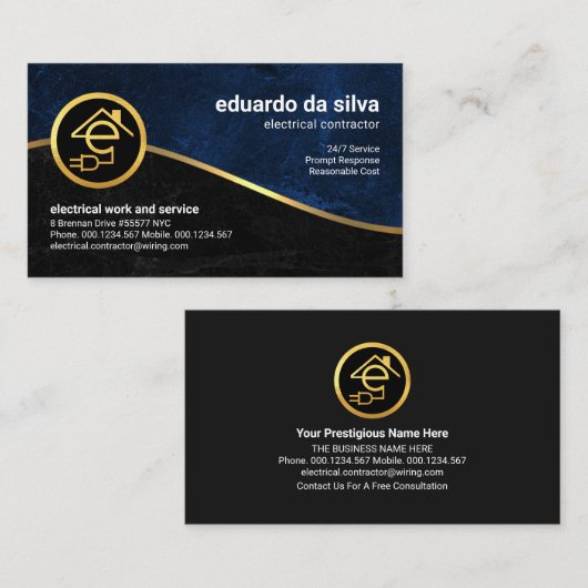 Blue Black Grunge Gold Wave Electrice Visitekaartje (Voorkant / Achterkant)