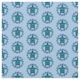 Blue Black Maori Sun Symbol Tribal Turtles Stof