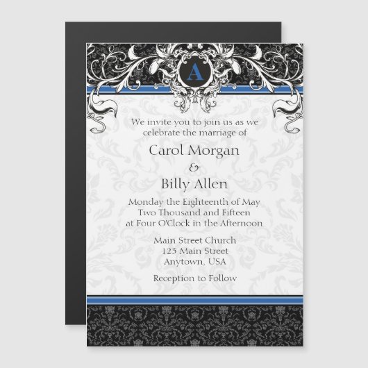Blue Black Monogram Magnetic Wedding Invitation Magnetische Uitnodiging (Voorkant / Achterkant)