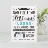 Blue Black Mr ONE-derful Birthday Invitation Kaart (Staand voorkant)