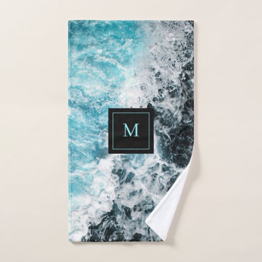 Blue Black Ocean Waves Hawaii Monogram Bad Handdoek (Handdoek)