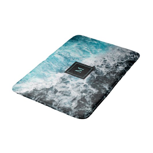 Blue Black Ocean Waves Hawaii Monogram Badmat (Gekanteld)