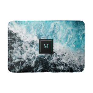 Blue Black Ocean Waves Hawaii Monogram Badmat