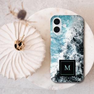 Blue Black Ocean Waves Hawaii Monogram iPhone 16 Hoesje
