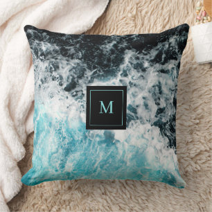 Blue Black Ocean Waves Hawaii Monogram Kussen