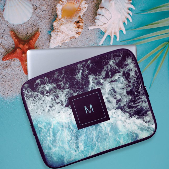 Blue Black Ocean Waves Hawaii Monogram Laptop Sleeve (Creator heeft geüpload)