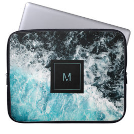 Blue Black Ocean Waves Hawaii Monogram Laptop Sleeve