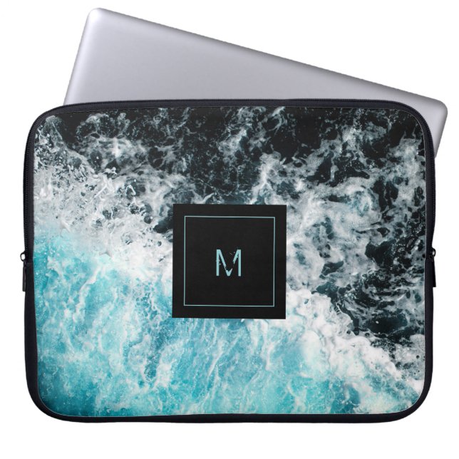 Blue Black Ocean Waves Hawaii Monogram Laptop Sleeve (Voorkant)