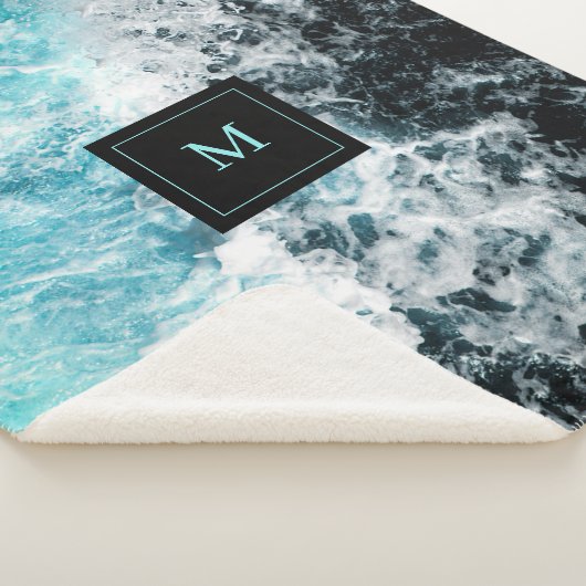 Blue Black Ocean Waves Hawaii Monogram Sherpa Deken (3/4)