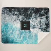 Blue Black Ocean Waves Hawaii Monogram Sherpa Deken (Voorkant (horizontaal))