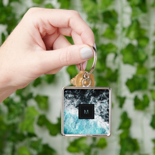 Blue Black Ocean Waves Hawaii Monogram Sleutelhanger (Hand)