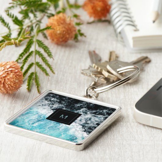 Blue Black Ocean Waves Hawaii Monogram Sleutelhanger (Zijkant)