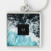 Blue Black Ocean Waves Hawaii Monogram Sleutelhanger (Voorkant)