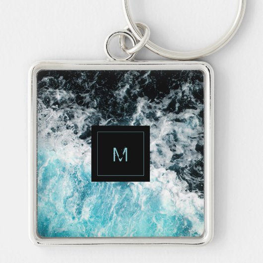 Blue Black Ocean Waves Hawaii Monogram Sleutelhanger (Voorkant)