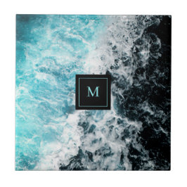 Blue Black Ocean Waves Hawaii Monogram Tegeltje