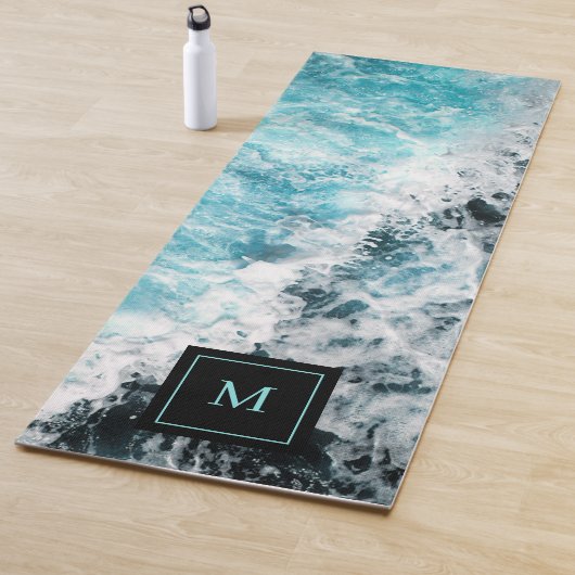 Blue Black Ocean Waves Hawaii Monogram Yogamat (In situ)