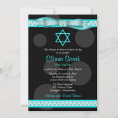 Blue Black Polka Dot Ribbon Bat Mitzvah Uitnodigin Kaart (Voorkant)
