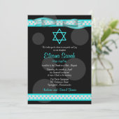 Blue Black Polka Dot Ribbon Bat Mitzvah Uitnodigin Kaart (Staand voorkant)