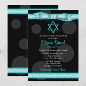 Blue Black Polka Dot Ribbon Bat Mitzvah Uitnodigin Kaart (Voorkant / Achterkant)