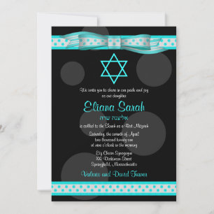 Blue Black Polka Dot Ribbon Bat Mitzvah Uitnodigin Kaart