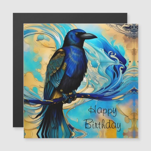 Blue Black Raven, blue and gold abstract Birthday (Voorkant / Achterkant)