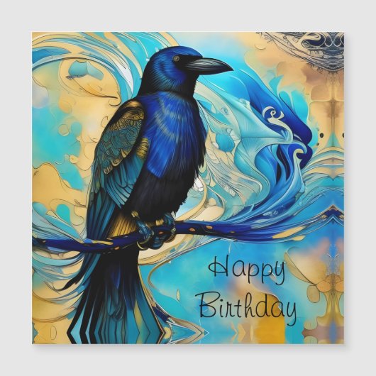 Blue Black Raven, blue and gold abstract Birthday (Voorkant)