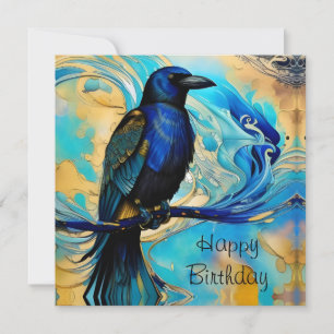 Blue Black Raven, blue and gold abstract Birthday