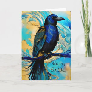 Blue Black Raven, blue and gold abstract Birthday Notitiekaartje