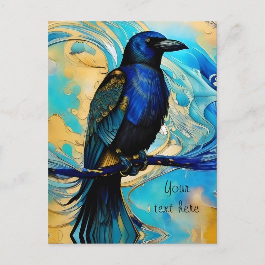 Blue Black Raven, blue and gold abstract Briefkaart (Voorkant)
