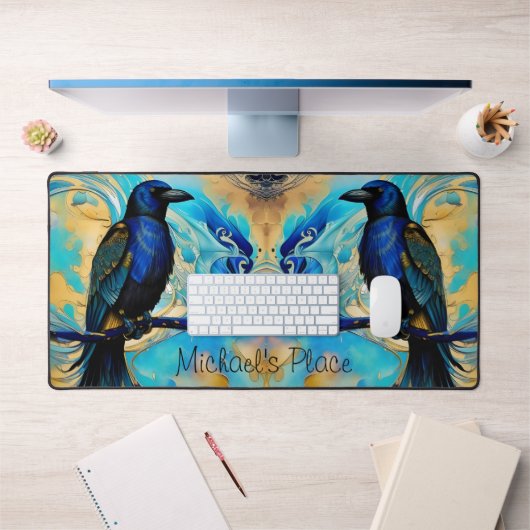 Blue Black Raven, blue and gold abstract Bureaumat (Kantoor 1)