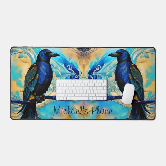 Blue Black Raven, blue and gold abstract Bureaumat (Keyboard & Muis)