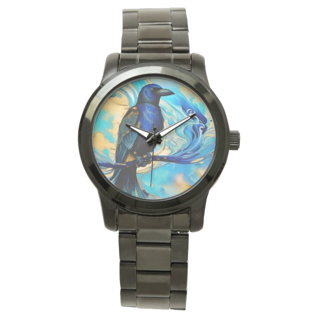 Blue Black Raven, blue and gold abstract Horloge (Voorkant)