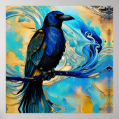 Blue Black Raven op blauw en abstract goud Poster (Voorkant)