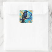 Blue Black Raven op blauw en abstract goud Vierkante Sticker (Tas)