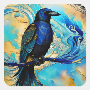Blue Black Raven op blauw en abstract goud Vierkante Sticker