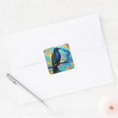 Blue Black Raven op blauw en abstract goud Vierkante Sticker (Envelop)