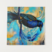 Blue Black Raven op blauw en abstract goud Wandkleed (Voorkant (horizontaal))