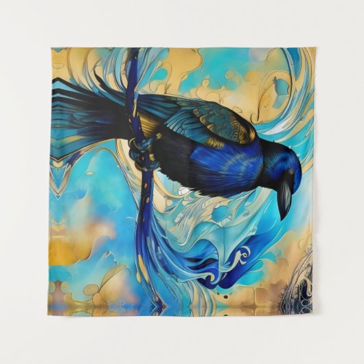 Blue Black Raven op blauw en abstract goud Wandkleed (Voorkant (horizontaal))