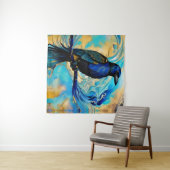 Blue Black Raven op blauw en abstract goud Wandkleed (In Situ (horizontaal))