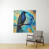 Blue Black Raven op blauw en abstract goud Wandkleed (In situ)