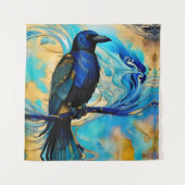 Blue Black Raven op blauw en abstract goud Wandkleed (Voorkant)