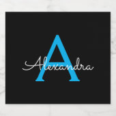 Blue Black Script Girly Monogram Name Bier Etiket (Enkel label)